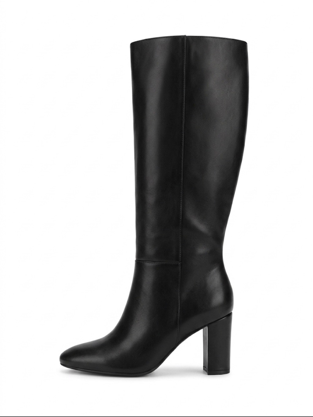 Classic Black Leather Knee-High Block Heel Boots